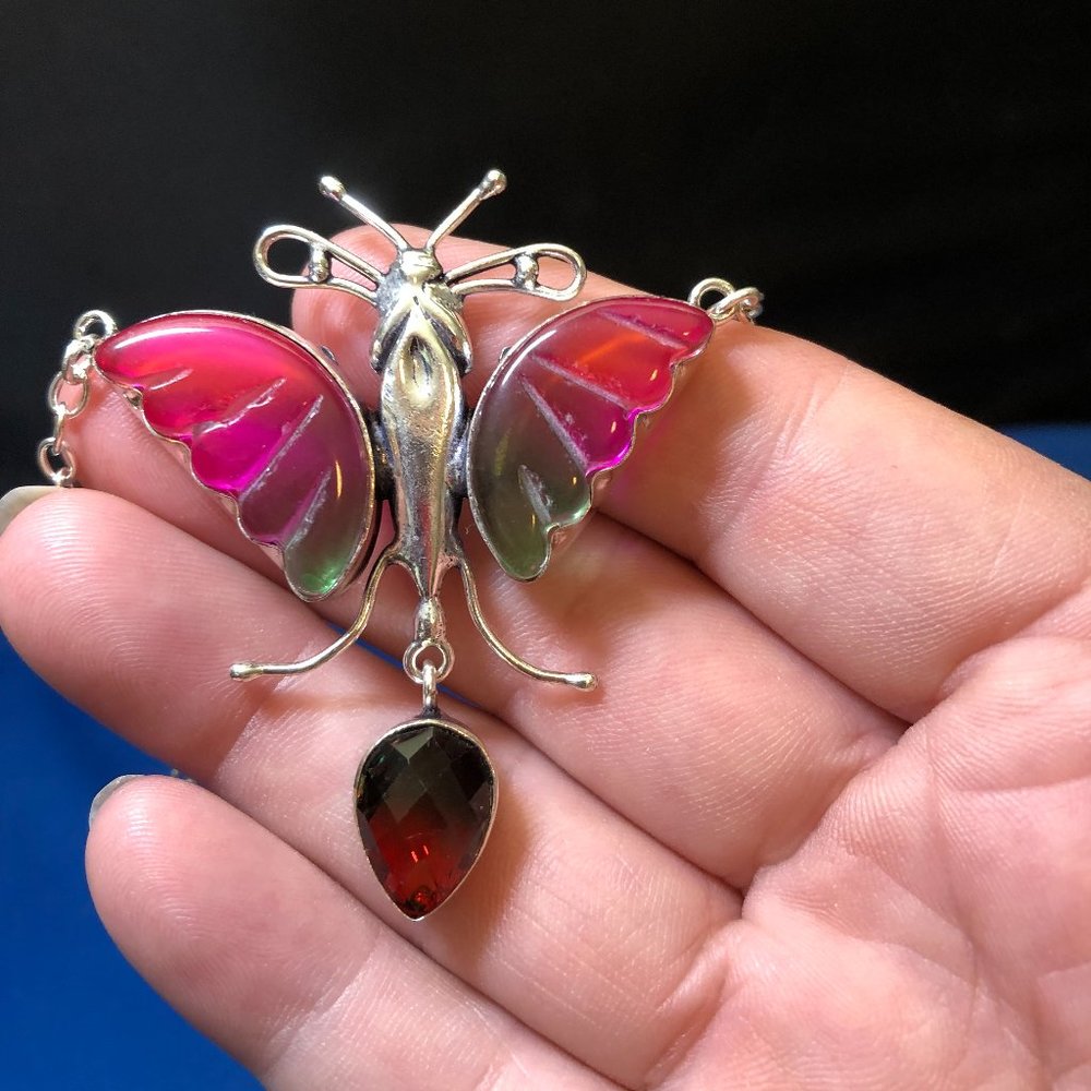 Bi-Color Tourmaline Butterfly Gemstone 925 Stamped Necklace 18"